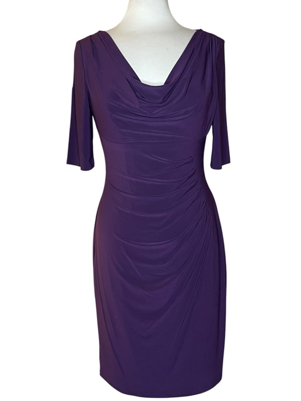 Ralph Lauren Deep Purple Cowl Neck Ruched Midi Dress Sz 10 - Picture 2 of 6